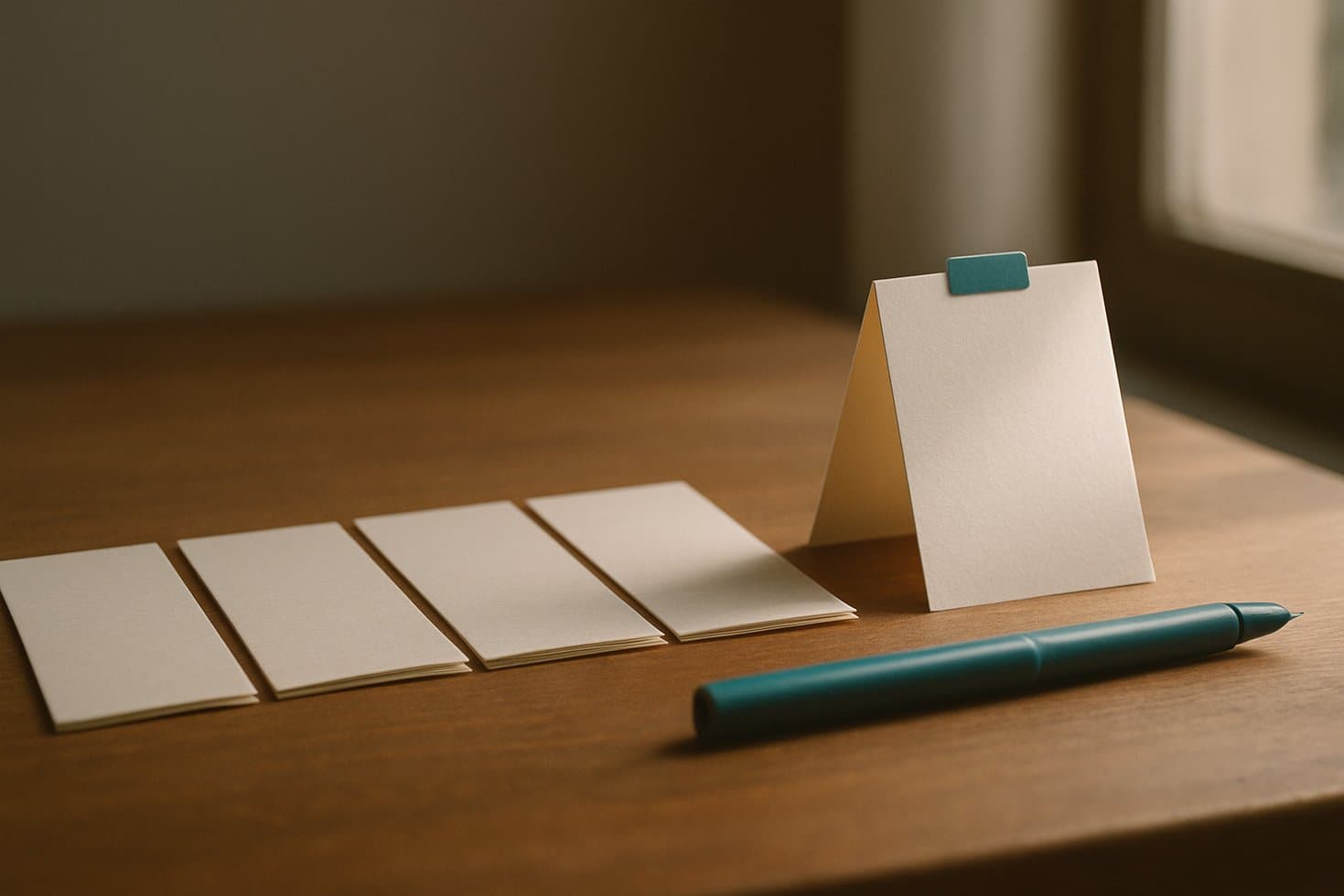 A row of folded paper task cards arranged across a wooden desk, four cards laid flat and one near the right lifted into a beam of natural window light, a single teal-handled fountain pen resting parallel to the cards