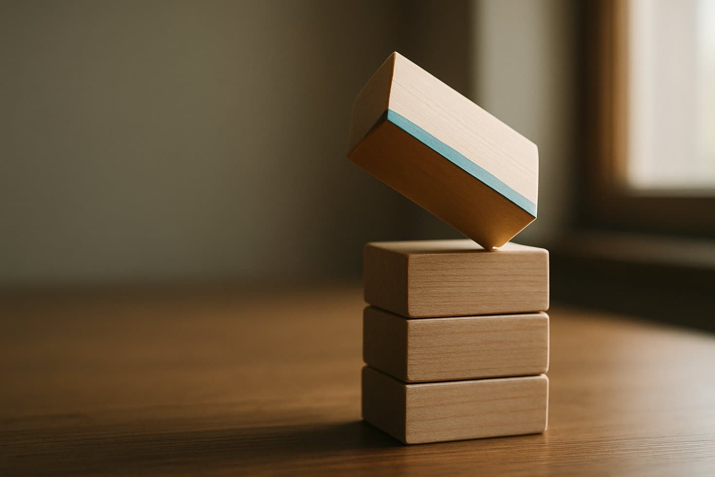 A short stack of matte wooden blocks on a wooden desk, the topmost block tipped off balance and caught mid-fall in a beam of natural window light, its edge marked with a single stripe of teal against the plain wood of the blocks beneath